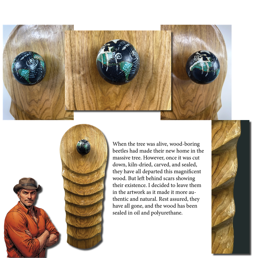 The gravity of it all artwork a hand carved earth serounded by gravity waves carved into butternut wood.  